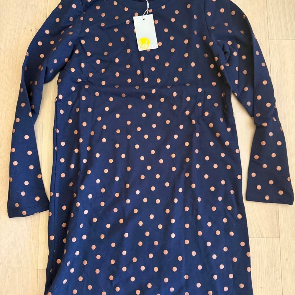 Boden Navy Blue Metallic Copper Polka Dot Sweatshirt Dress US 6R NWT J0266